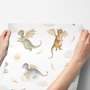 Kids wallpaper with sage, caramel and blue-gray watercolor dragons, clouds, sun and stars on white