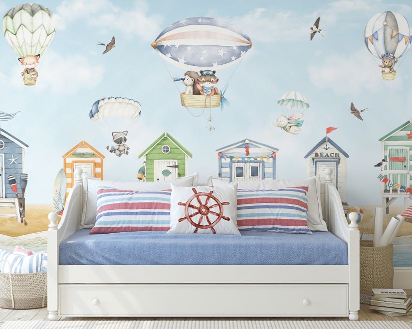 Watercolor Kids Beach House with Hot Air Balloons