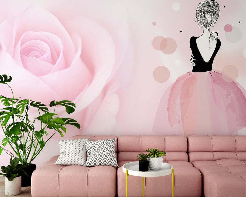 Ballerina Girl and Pink Roses Wallpaper Mural
