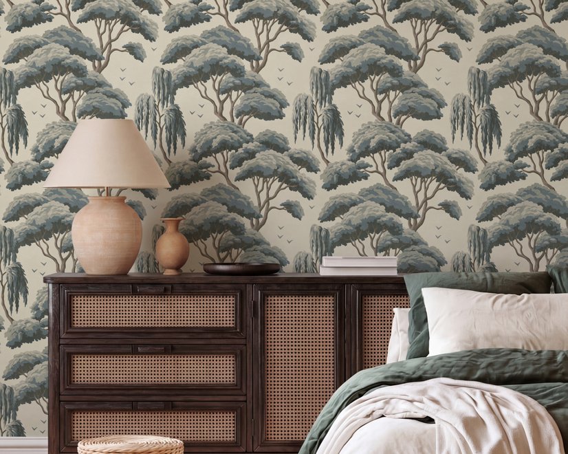 Vintage Japanese tree nature wallpaper with blue-grey canopies, willow foliage, birds and ivory-cream ground