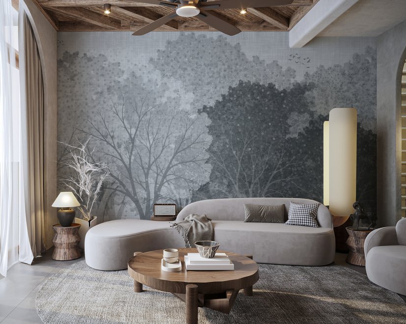 Light gray wallpaper mural with misty forest trees, falling leaves and birds