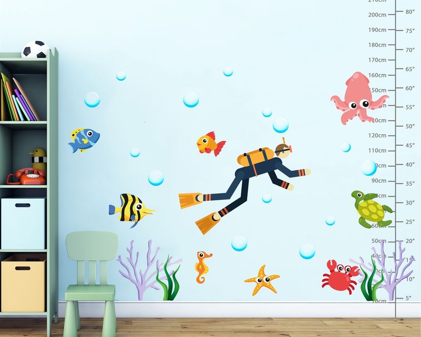 Kids Cartoon Sea Underwater with Fish Man Wall Decal Sticker