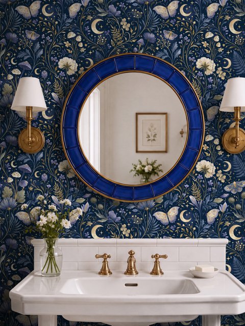 Midnight navy moody botanical wallpaper with lavender butterflies, ivory moons, gold stars, flowers and mushrooms