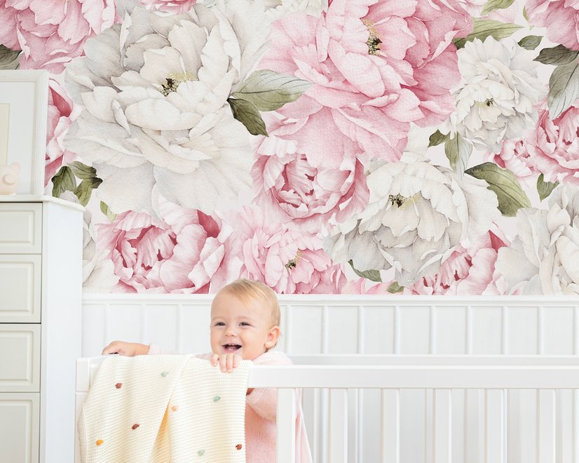 Papier peint panoramique aquarelle rose pivoine fleurie pour chambre d'enfant