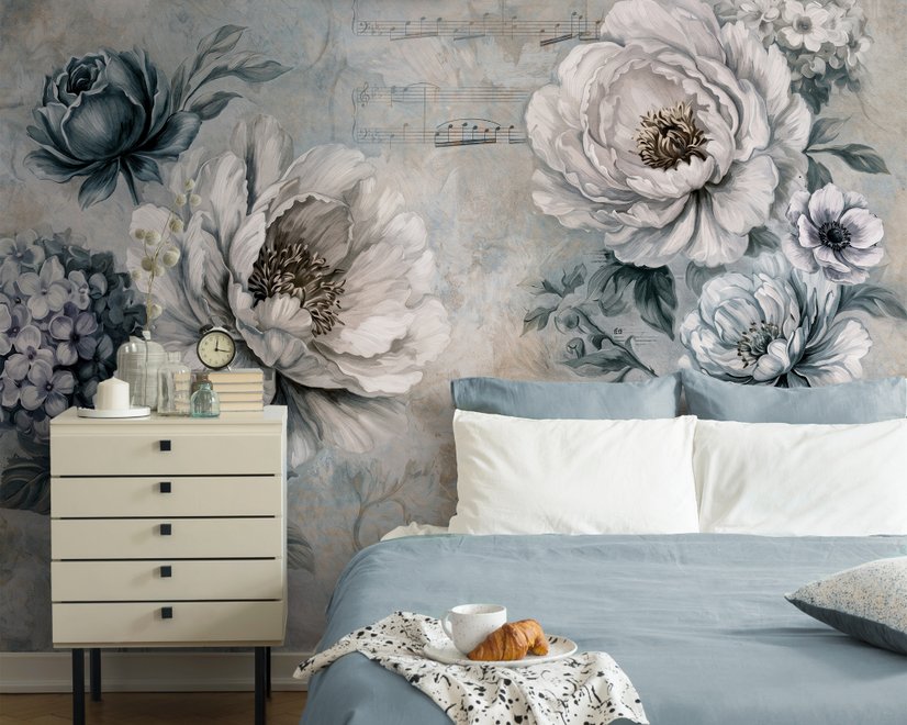 Papier peint panoramique floral avec des notes de musique