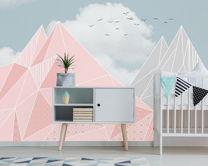Pink Gray Polygonal Mountain Wallpaper Mural