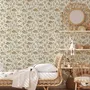 Watercolor fish wallpaper with grey-blue fish, seafoam seaweed, starfish and bubbles on warm cream