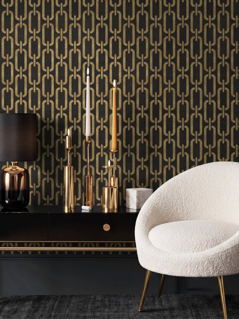 Black wallpaper with gold vertical chain link Art Deco repeat on a textured charcoal ground