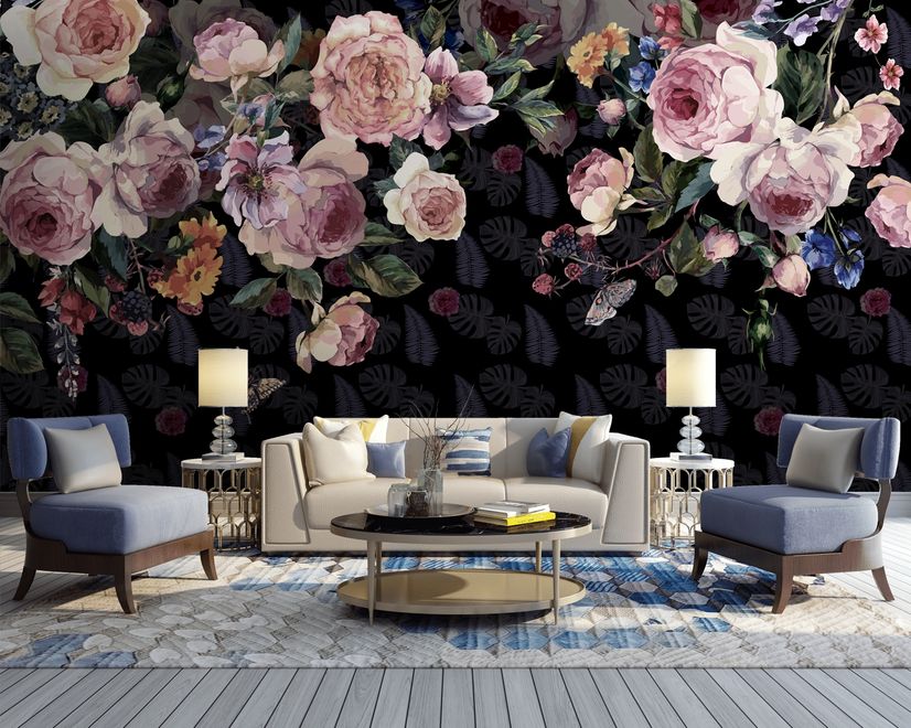 Vintage Dark Pink Flowers Wallpaper Mural