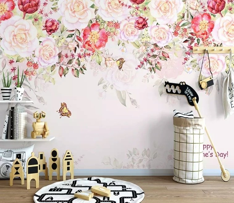 Pink Flowers and Butterflies Wallpaper Mural