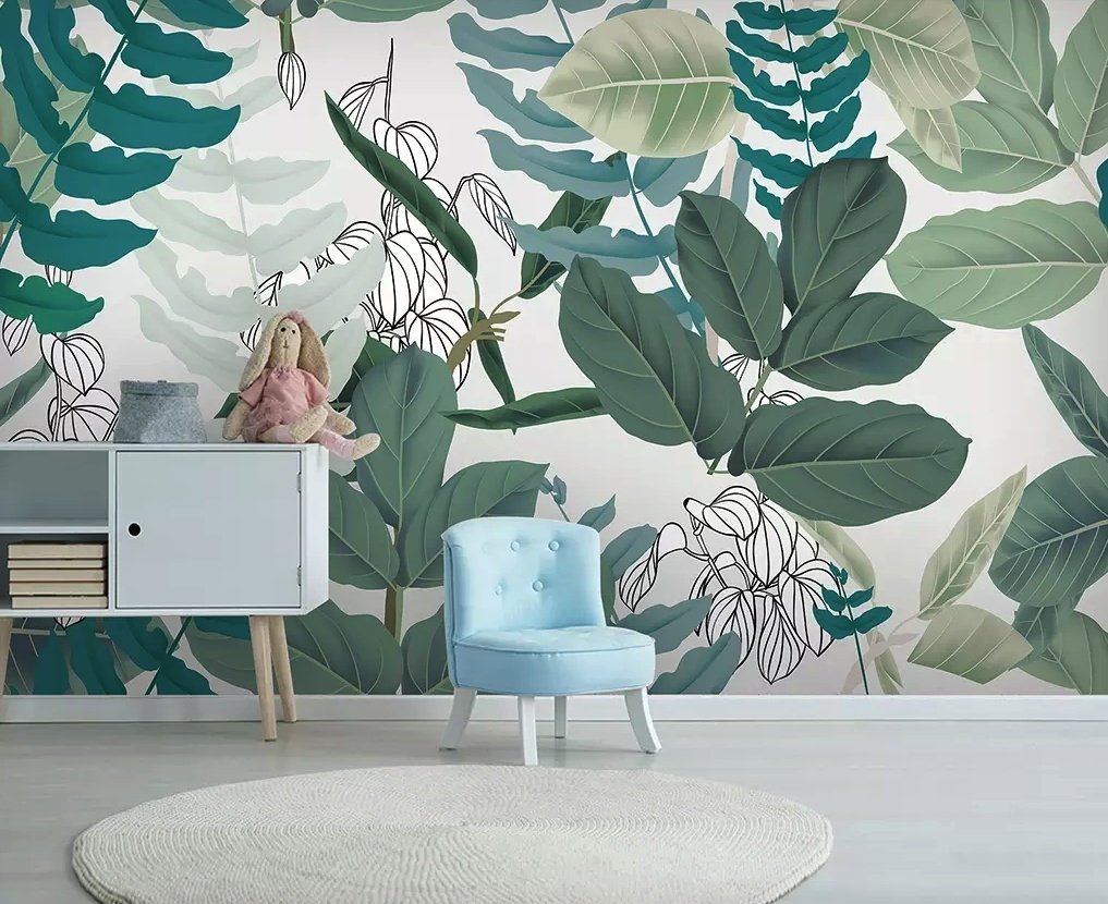 3D Look Tropical Leaf Drawing Art Wallpaper Mural - Peel and Stick