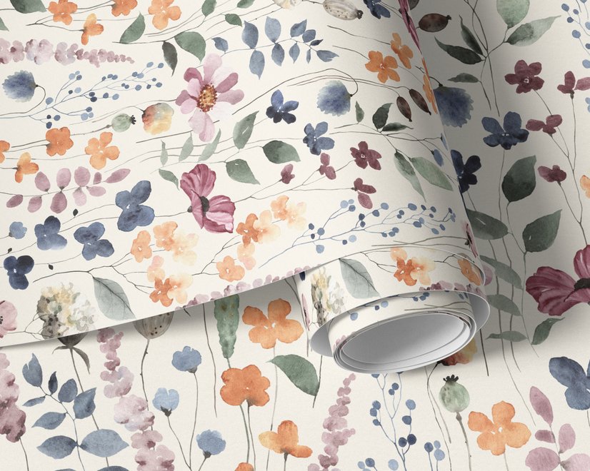 Watercolour floral wallpaper repeat with navy, blue, blush and peach wildflowers on warm cream