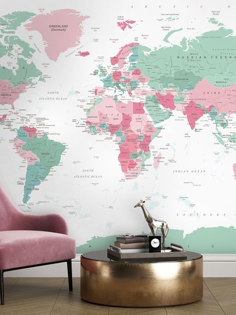 Papier peint panoramique rose et vert de la carte du monde politique