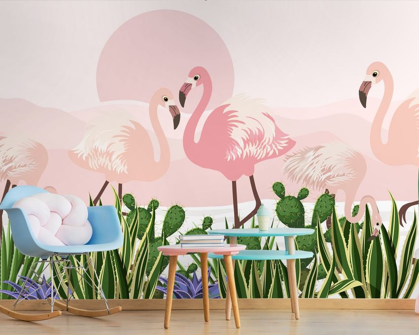 Flamingo with Cactus Wallpaper Mural
