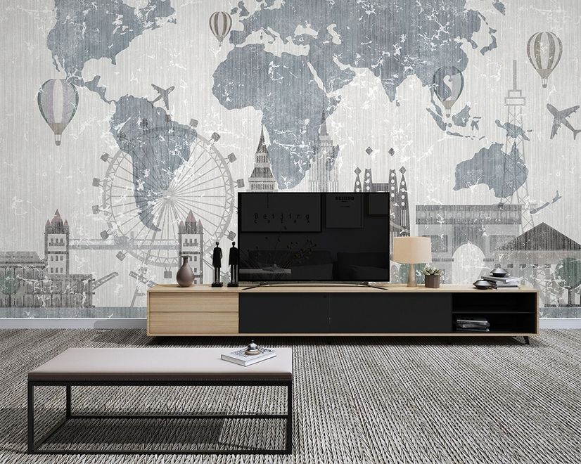 Vintage World Map with Old Hot Air Balloon Wallpaper Mural
