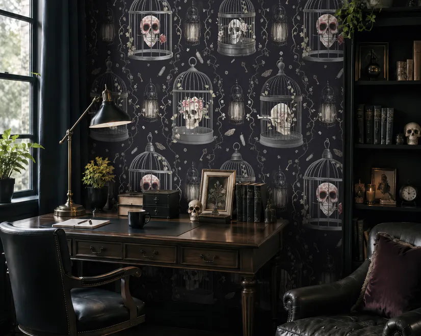 Dark Romantic  Gothic Skull Cage Wallpaper Mural 