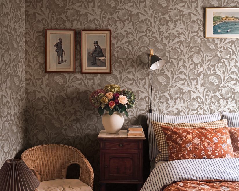 Greige botanical wallpaper with white watercolour flowers, buds, seed heads and acanthus leaves