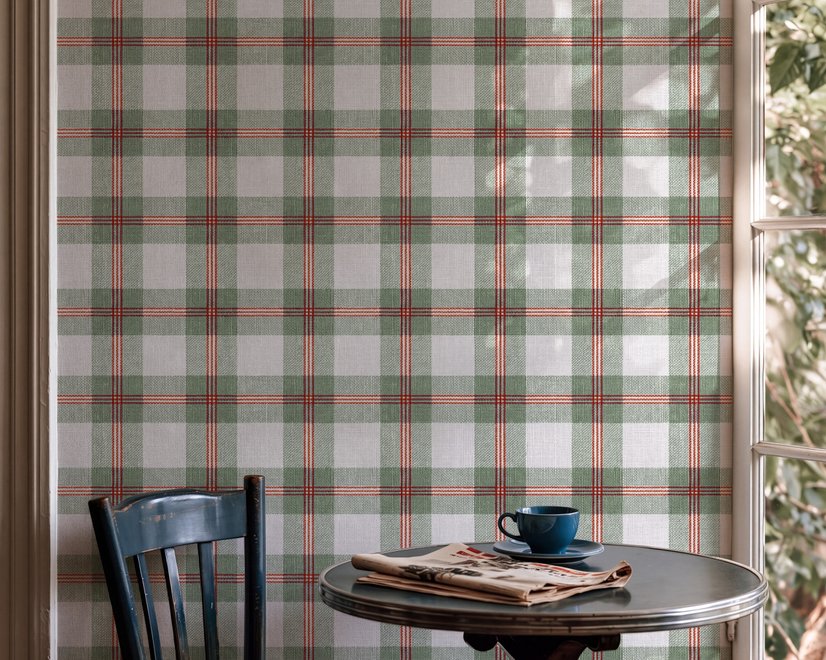 Sage green and cream-white tartan plaid wallpaper with deep red stripes and woven thread texture