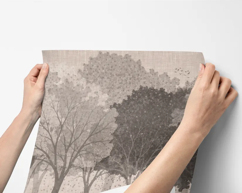 Misty forest nature wallpaper mural in greige, taupe and charcoal watercolour with birds