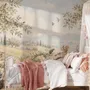 Watercolour woodland wall mural with fawn, rabbits, stone bridge, stream and distant cypress countryside