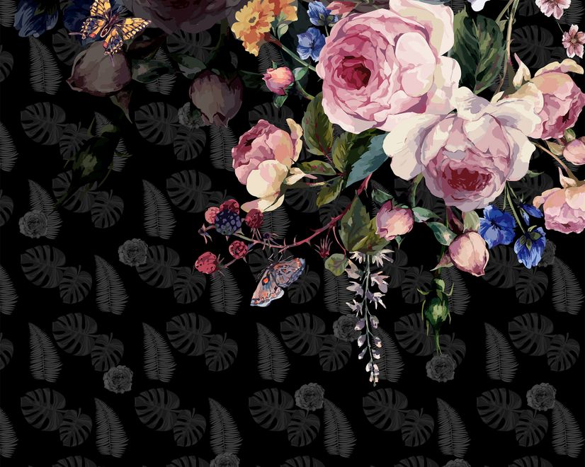 Dark Pink Flowers and Yellow Butterfly Wallpaper Mural