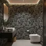 Navy wallpaper with warm ivory and taupe grey toile tree repeat on deep slate blue ground