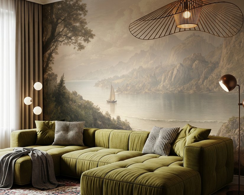 Landscape wallpaper mural with sepia coastal mountains, sailboat, beach figure and foreground tree