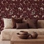 Pink butterflies wallpaper on a claret ground with cream flowers, moons, stars and spotted mushrooms.