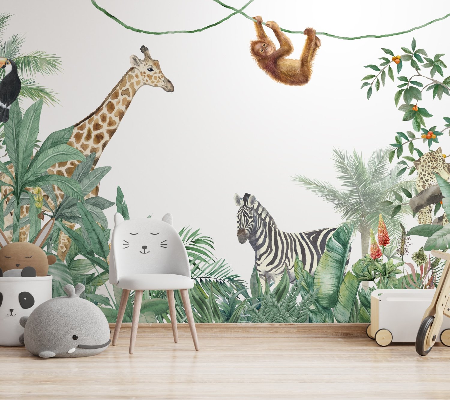 Cute Safari Animals with Jungle Kids Wallpaper Mural - Peel and Stick