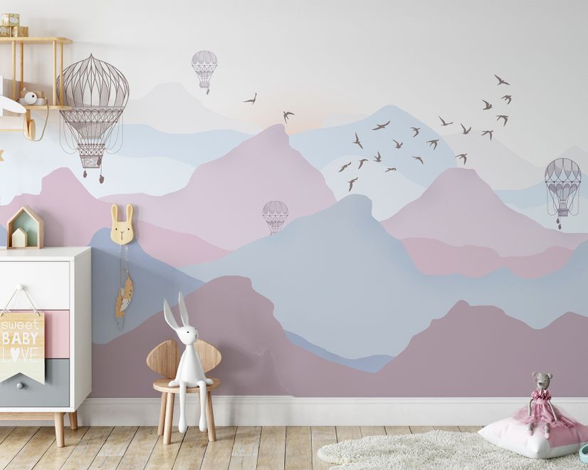 Kids Soft Misty Mountain Landscape and Old Hot Air Balloons
