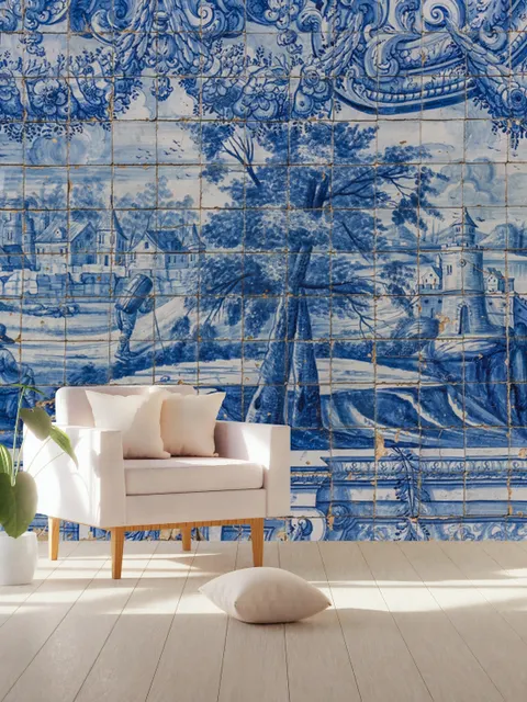Papier peint panoramique Chinoiserie bleue avec motif de carreaux de brosse
