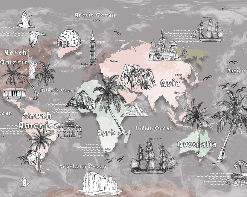Papier peint carte du monde enfants monuments célèbres