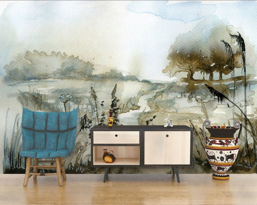 Watercolor Style Botanical Landscape Wallpaper Mural