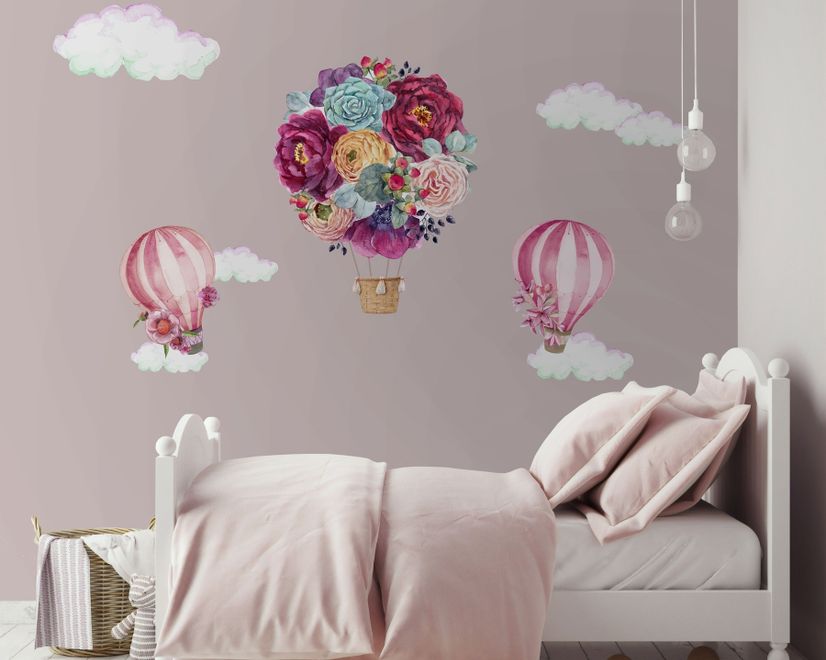 Colorful Floral Bouqet Hot Air Balloon and Pink Clouds Wall Decal Sticker