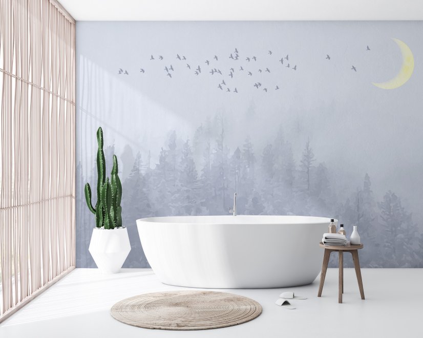 Monochrome Night Forest and Birds Wallpaper Mural