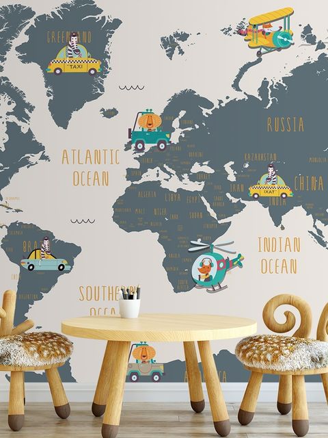 Papier peint carte du monde enfants animaux et voitures