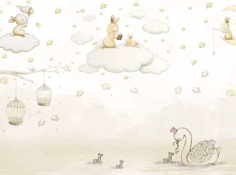 Rabbits on the Clouds and Empty Cages Wallpaper Mural