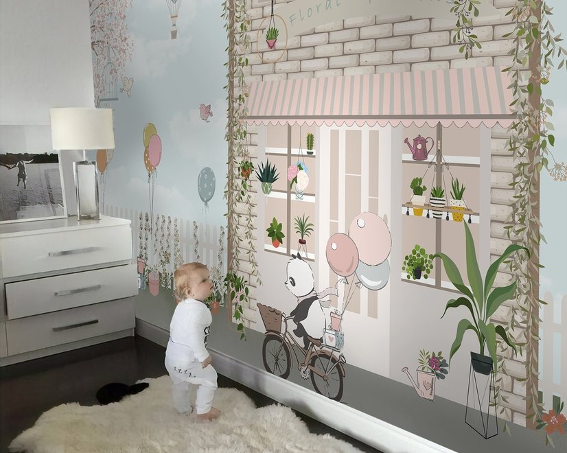 Papier peint panda avec ballons devant maison jardin floral pour enfants