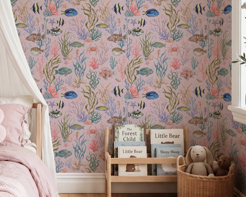 Cute pink seashell wallpaper with watercolour reef fish, coral, seaweed, starfish and shells on blush pink