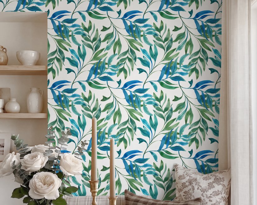 Dark olive green wallpaper with teal and cobalt watercolour lance leaves on a white ground