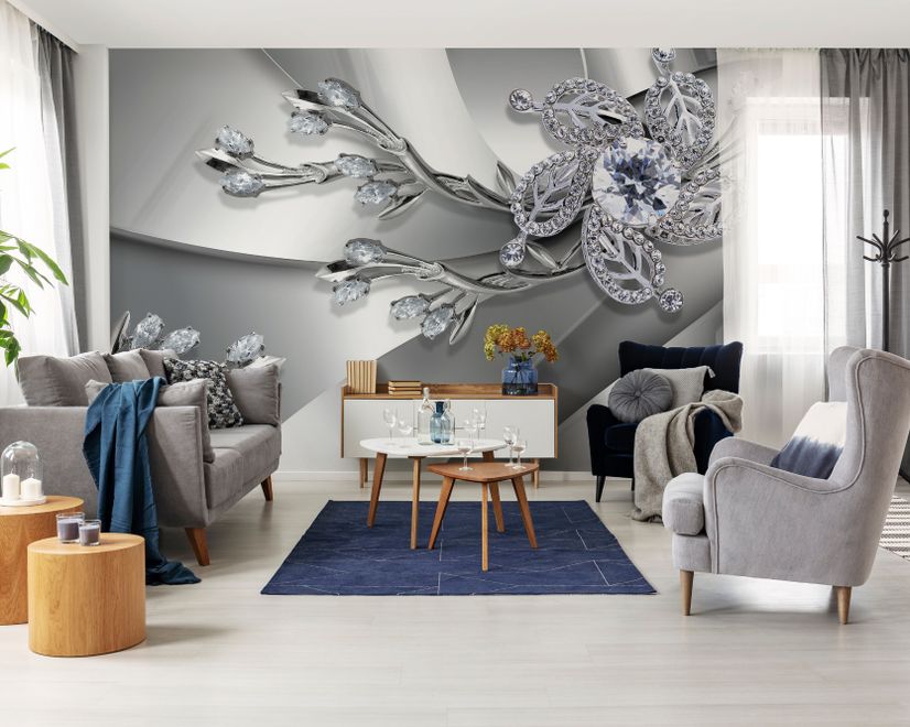 Silver Crystal Daisy Floral Wallpaper Mural