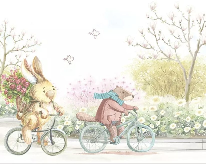 Cartoon Bear in the Flower Garden Wallpaper Mural
