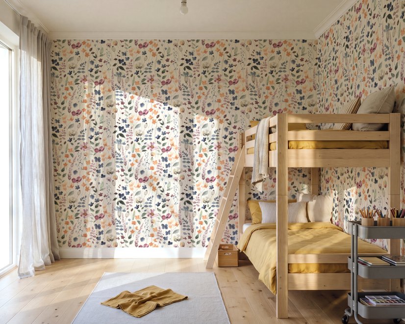 Watercolour floral wallpaper repeat with navy, blue, blush and peach wildflowers on warm cream