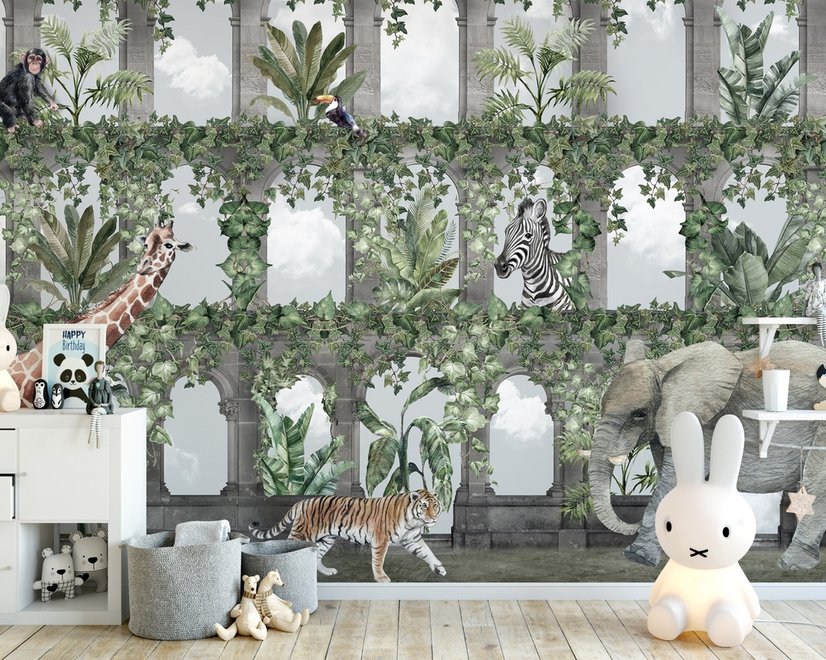Papier peint animaux tropicaux autour arche enfants