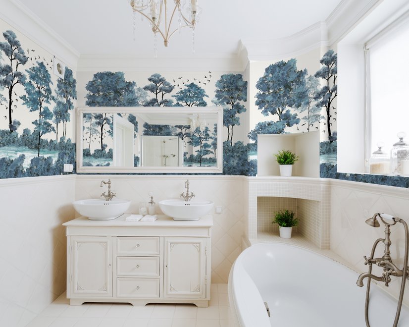 Monochrome Watercolor Big Trees Wallpaper Mural