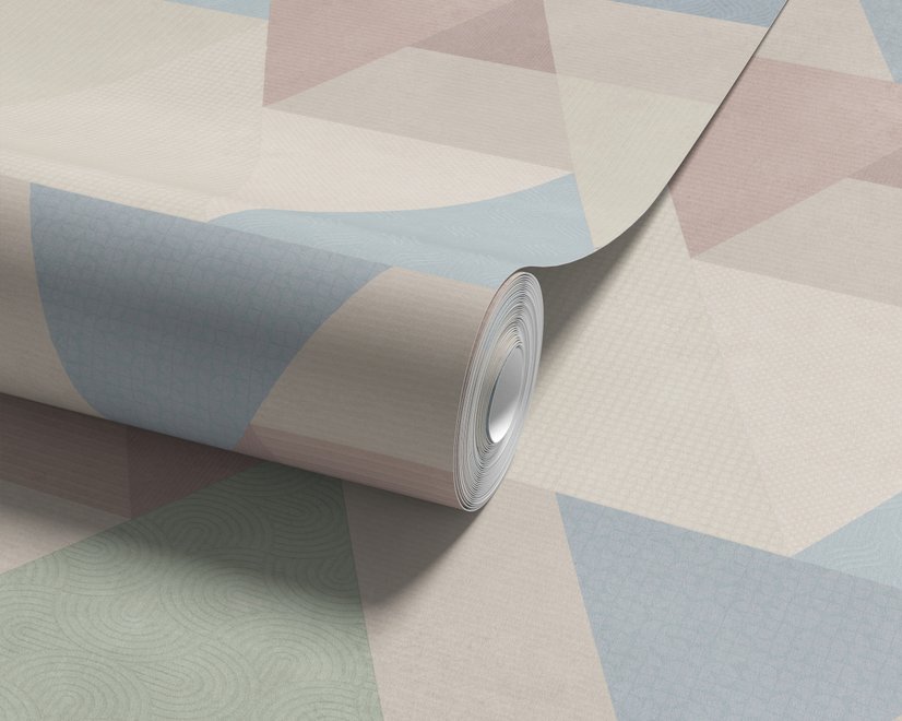 Pastel abstract wallpaper with overlapping sky blue, blush, cream, sage and grey textured triangles