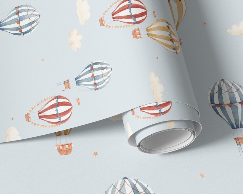 Hot air balloon wallpaper with watercolor balloons, ivory clouds and peach gold stars on pale powder blue