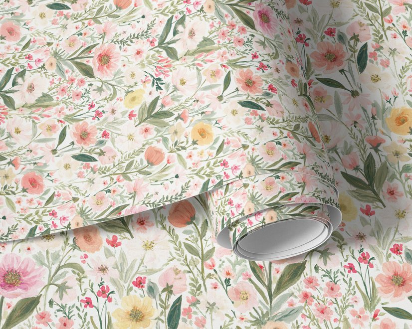 Pink wallpaper with watercolour blush, coral and yellow wildflowers, sage leaves and stems on a warm cream-white ground.