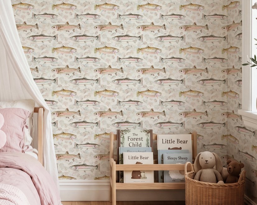 Watercolor fish wallpaper with trout, seashells and pale aqua washes on a warm cream ground