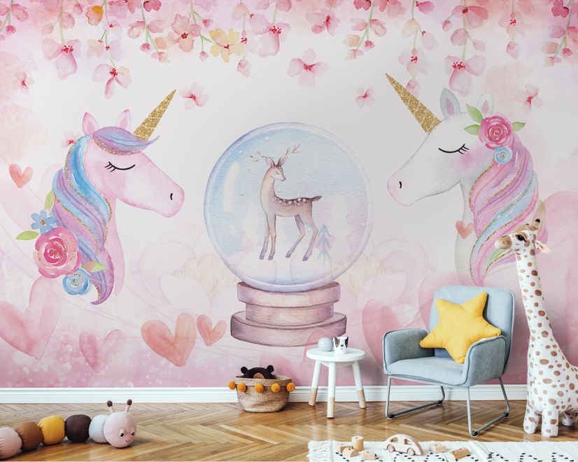 Kids Girls Unicorn with Pink Florals Wallpaper Mural